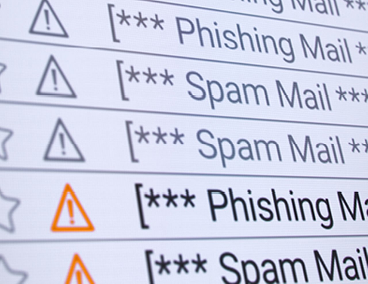 Close-up of an inbox with spam and phishing emails