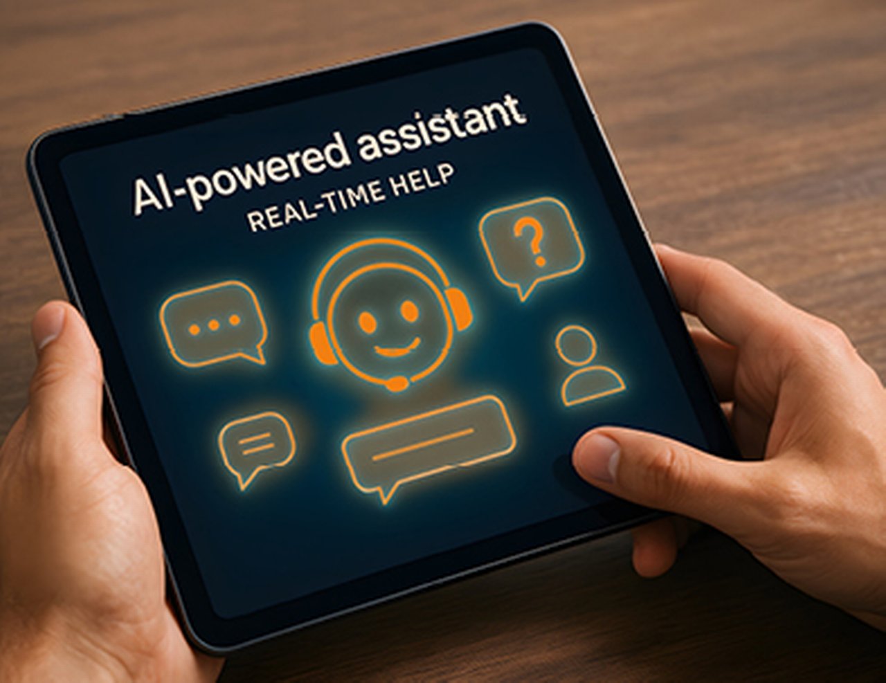 Eine Person hält ein Tablet in der Hand, auf dem KI-Chatbot abgebildet is