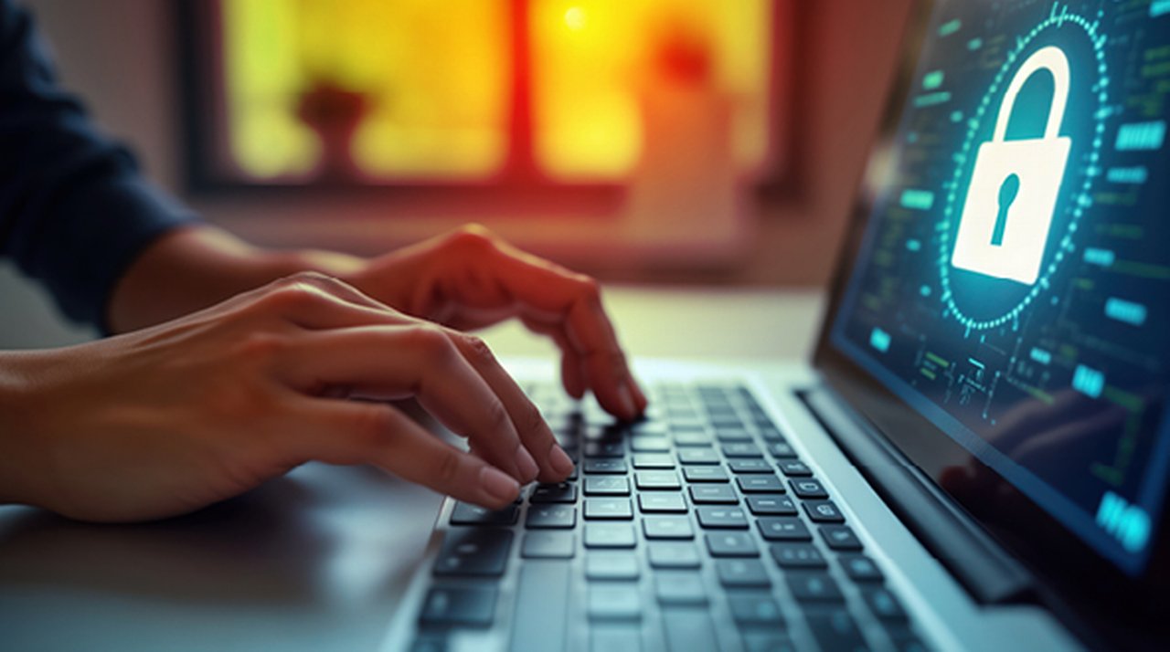 Zwei Hände tippen auf einem Laptop, der ein großes Schloss-Symbol auf dem Bildschirm zeigt