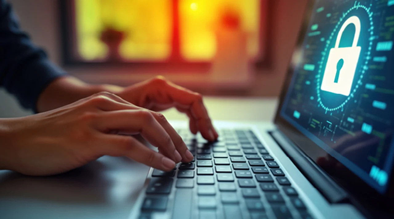 Zwei Hände tippen auf einem Laptop, der ein großes Schloss-Symbol auf dem Bildschirm zeigt