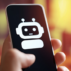 Nahaufnahme eines Smartphones mit einem gro&szlig;en Chatbot-Symbol auf dem Display