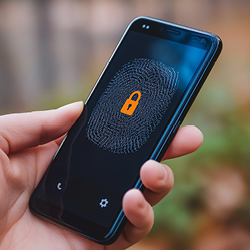 Eine Person h&auml;lt ein Smartphone in der Hand, dessen Bildschirm ein Fingerabdruck mit einem Schlosssymbol zeigt