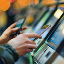 A person holds their smartphone up to a display on a machine